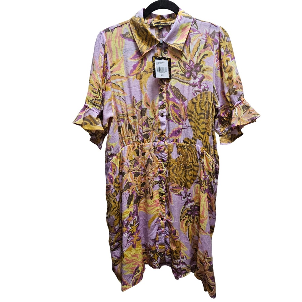 Alex & Parker Lilac Tiger Floral Shirt Dress Ruffle Sleeve Midi Boho NWT Sz L